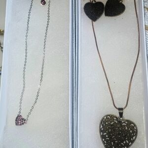 Heart Pendant Necklace and Earrings Set - Pink and Black
